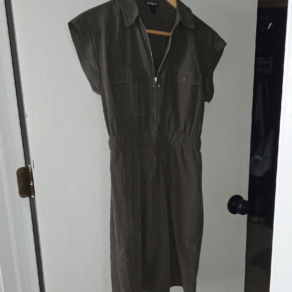 Express Women's Olive Zip-Front Midi Dress